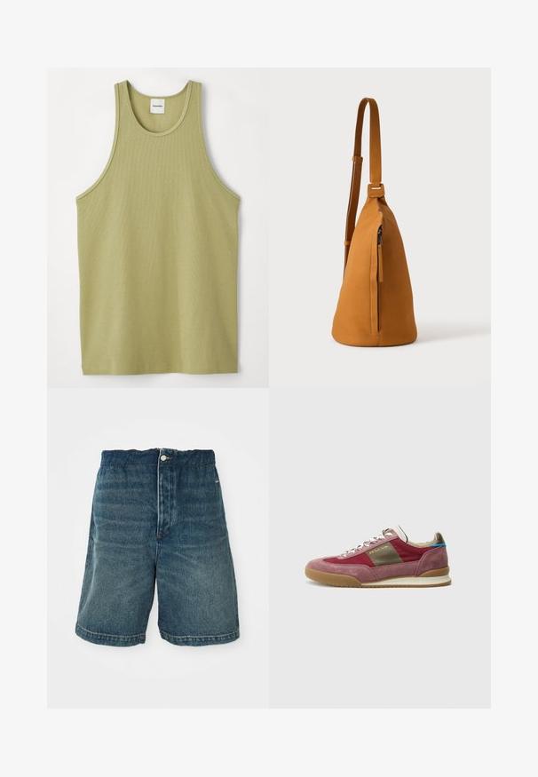 Helles grünes, geripptes Top mit rundem Halsausschnitt und weiten Armausschnitten. Der Stoff wirkt weich mit einer feinen Textur und einem regelmäßigen Saum.; Dunkelblaue Denim-Shorts mit lockerer Passform, Knopfverschlüsse und sichtbaren Nähten an Saum und Taschen.; Sneaker mit einem Obermaterial aus burgunderrotem Wildleder und Stoff, beigen Akzenten und einer Laufsohle aus Kaugummirubber; ausgestattet mit metallischen Ösen und Schnürsenkeln.; Hellbraune Leder-Umhängetasche mit verstellbarem Trageriemen und vertikaler Reißverschlusstasche, von der Seite vor hellem, einfarbigem Hintergrund gezeigt.