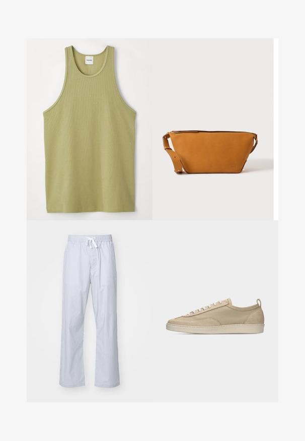 Lys grøn ribbet tank top med rund halsudskæring og brede ærmehuller. Stoffet ser blødt ud med en subtil tekstur og almindelig kant.; Lyseblå stribede pyjamasbukser med elastisk talje og snøre. Lavet af et glat stof, der har et afslappet, lige bendesign.; Beige lavtop sneakers med overdel i stof og ruskind, hvide snørebånd, gummisål og hælstrækkehank, vist i sideprofil på hvid baggrund.; Lys brun læder crossbody taske med justerbar rem og lynlås, vist mod en ensartet lys baggrund.