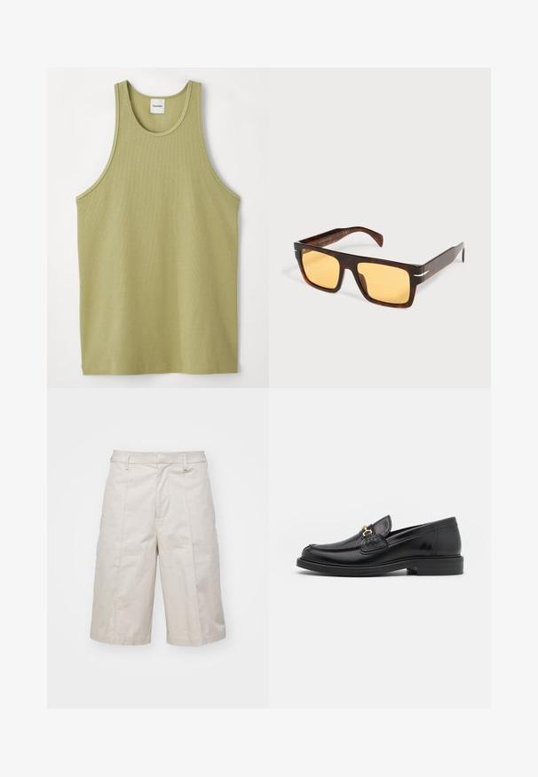Lys grøn ribbet tank top med rund halsudskæring og brede ærmehuller. Stoffet ser blødt ud med en subtil tekstur og almindelig kant.; Beige bomuldsshorts med lige snit, knælange, med to forlommer og subtile folder for ekstra tekstur.; Sorte læder loafers med en rund tå, der har guld hardware accent og syningsdetaljer, placeret på en lav, tekstureret gummisål.; Rektangulære solbriller i skildpaddemønster med brede stel og gule linser på en hvid baggrund.