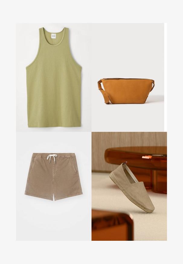 Top de tirantes de color verde claro con un escote redondo y amplias sisas. La tela parece suave, con una textura sutil y un dobladillo regular.; Pantalones cortos de algodón marrón con una cinturilla elástica y cordón blanco, que cuentan con dos bolsillos laterales y un diseño de corte recto.; Alpargata de lona beige con suela tejida y pequeña lengüeta tricolor en el talón, situada sobre una alfombra clara con muebles de tono ámbar al fondo.; Bolso bandolera de cuero marrón claro con correa ajustable y cierre de cremallera, mostrado sobre un fondo claro y liso.