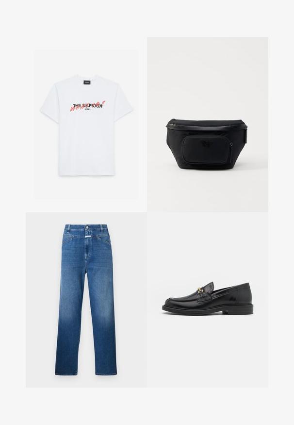 Hvid bomulds t-shirt med korte ærmer, som har et sort og koralfarvet grafisk print. Teksten lyder: "THE KOOPLES? HVA?" og "PARIS."; Blå denimjeans med lige ben, der har en knaplukning, bæltestropper og let falmning på lårene.; Sorte læder loafers med en rund tå, der har guld hardware accent og syningsdetaljer, placeret på en lav, tekstureret gummisål.; Sort nylon taske med en frontlomme med lynlås, der har en glat overflade og et logo som accent. Struktureret design med fold-over top.
