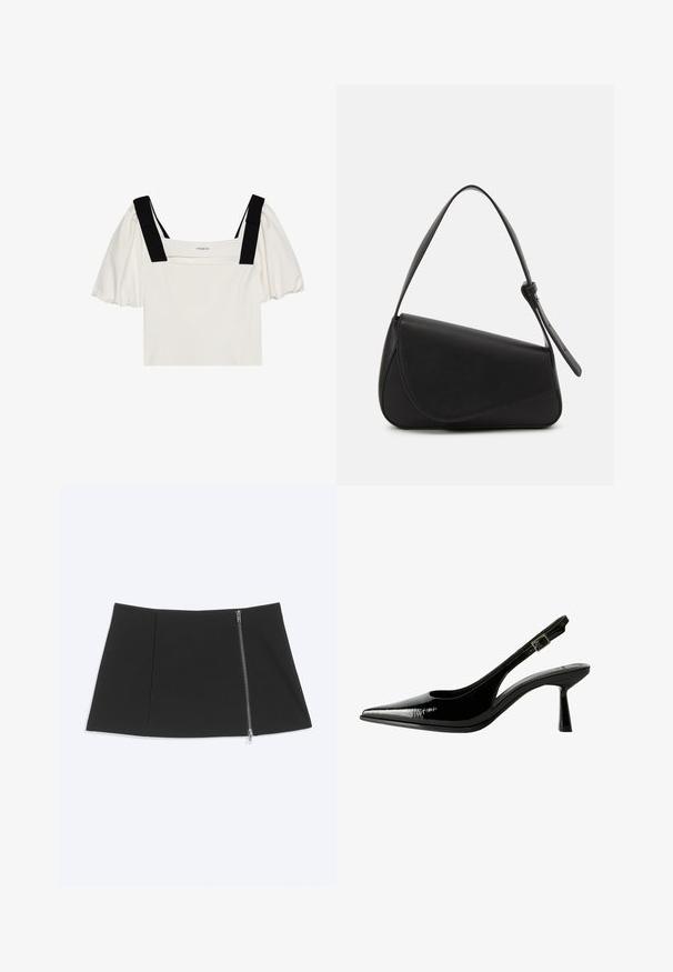 Haut blanc à manches courtes avec des manches bouffantes, décolleté carré et bretelles noires. Tissu doux avec une forme légèrement structurée et un minimum de détails.; Mini-jupe noire avec une fermeture éclair argentée courant en diagonale sur le côté droit, tissu lisse, ourlet légèrement évasé.; Racine à talon en cuir verni noir avec un nez pointu, des côtés découpés, une bride de cheville ajustable et un talon fin et élégant.; Sac à main en cuir noir de forme triangulaire, avec un rabat incliné et une poignée supérieure arrondie. Il présente une texture lisse et des détails de design minimalistes.