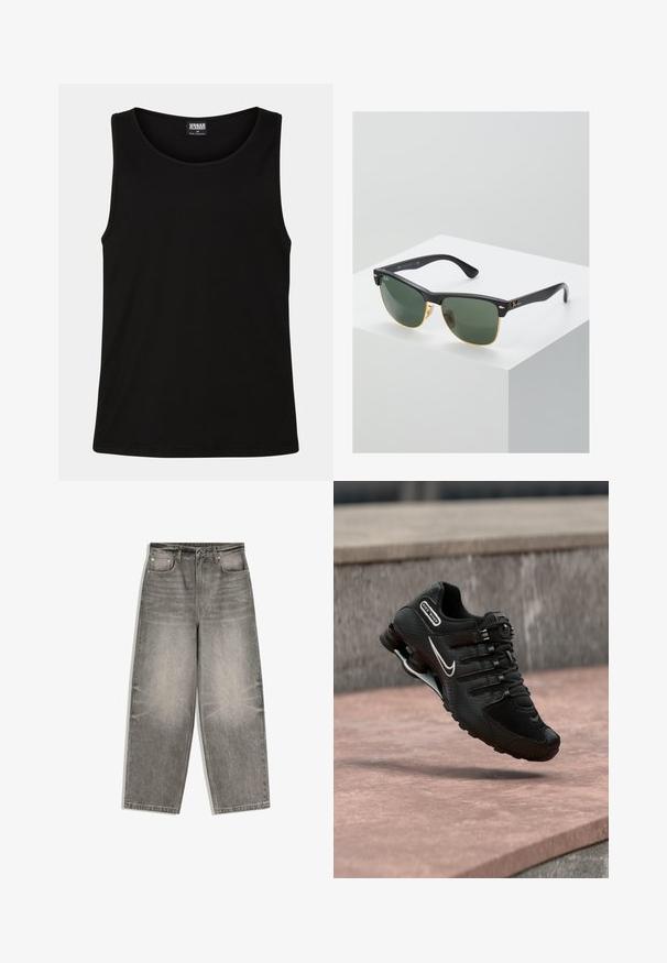 Schwarzes Tanktop aus weichem Baumwollstoff. Hat einen runden Halsausschnitt und breite Armausschnitte, ohne sichtbare Muster oder Akzente.; Grau melierte Jeans mit weitem Bein, Frontknopf, Reißverschluss, Gürtelschlaufen und Fünf-Taschen-Design, flach auf weißem Hintergrund ausgelegt.; Schwarzer Nike Shox Laufschuh mit weißem Swoosh-Logo, in der Luft über einer rosafarbenen Betonfläche vor einem grauen Steinmauer-Hintergrund.; Ray-Ban Sonnenbrillen mit grünen Gläsern, schwarzen Kunststoffrahmen und goldenen Akzenten an den Rändern. Quadratische Form mit matter Oberfläche.