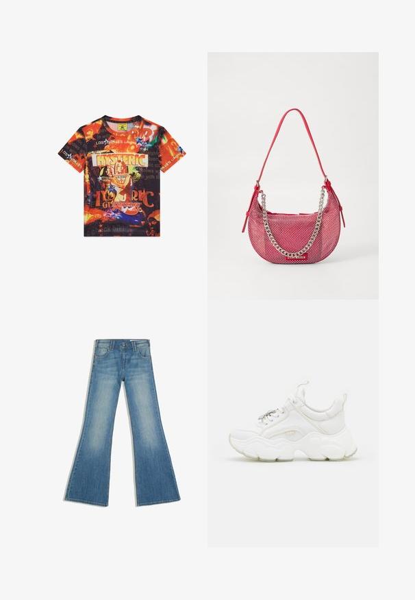 T-shirt à manches courtes avec un imprimé collage vif en orange, noir et bleu, comprenant "HYSTERIC", "GUESS" et des visages de femmes en design graphique.; Jean en denim bleu avec une jambe évasée, des poches avant et une fermeture à boutons, présenté sur fond blanc.; Baskets blanches chunky en cuir et mesh, dotées d'une semelle épaisse, d'un bout arrondi et de lacets décoratifs. Accents légèrement texturés.; Sac à main perforé rouge en forme arrondie, avec une accent en chaîne argentée et une bandoulière assortie. Logo affiché à l'avant.
