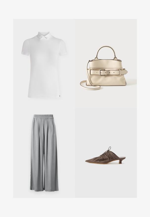 Polo blanc à manches courtes avec un petit col, coupe ajustée et design minimaliste, présenté sur un fond clair uni.; Pantalon gris clair à jambes larges avec taille élastique et plis subtils, présenté à plat sur un fond blanc.; Mule en cuir marron avec un bout pointu, texture froncée, petit talon et un accent de cordon de serrage à l'ouverture. Fini lisse.; Sac à main en cuir crème avec poignée supérieure, bandoulière réglable et large ceinture avec boucle argentée sur le devant.