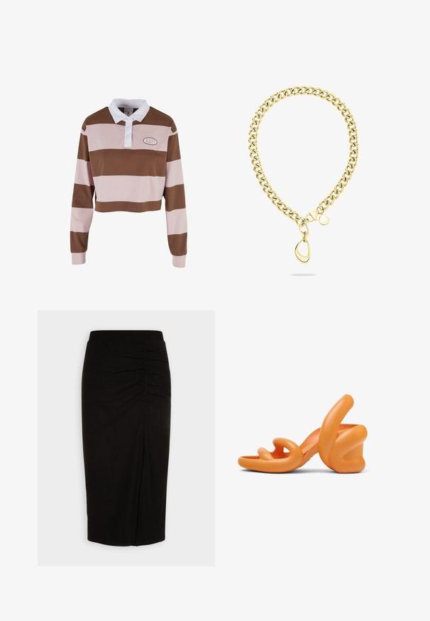 Brun og lyserød stribet langærmet polo shirt med hvid krave, har et logo patch og et cropped design. Blødt bomuldsmateriale.; Vero Moda VMJONA CALF SKIRT - Pencil skirt - black/solid; Orange støbte højhælede sandaler med buede remme og en karakteristisk kraftig hæl, der har en glat tekstur og unik form.; Guld kæde med tykke led, der har en lås og en dråbeformet vedhæng. Glat tekstur og poleret finish.