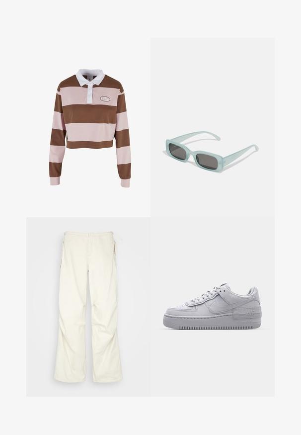 Hnedo-rúžový pruhovaný polo tričko s dlhým rukávom a bielym golierom, s logo nášivkou a skráteným strihom. Mäkký bavlnený materiál.; BDG Urban Outfitters BAGGY - Nohavice - cream; Šedé tenisky Nike Air Force 1 s perforovanou špičkou, hladkým koženým zvrškom, hrubou podrážkou a embosovaným detailom 'AIR' na päte.; Párik obdĺžnikových slnečných okuliarov s svetlomodrými priehľadnými rámami a tmavosivými sklami, s rovnými stranami a minimálnymi hardvérovými detailmi.