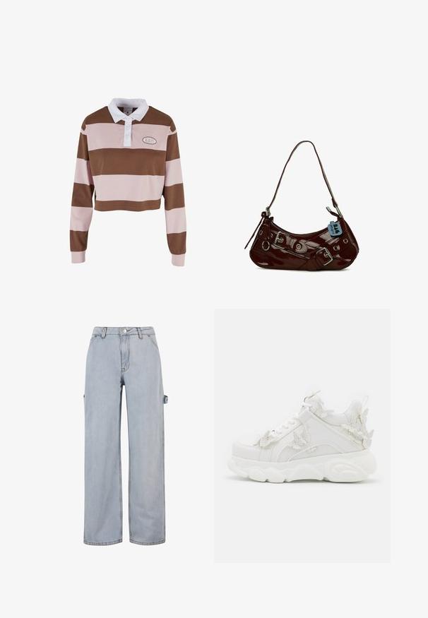 Brun og lyserød stribet langærmet polo shirt med hvid krave, har et logo patch og et cropped design. Blødt bomuldsmateriale.; Lyseblå denimjeans med brede ben, knap- og lynlåslukning, bæltestropper og en sideløkke detalje på det ene ben. Ingen synlige slidmærker.; Hvid chunky sneaker med tyk sål og dekorative 3D sommerfugle detaljer på siden, snørebånd og hæl.; Bordeaux patentskinds læder håndtaske med en buet form, sølv hardware detaljer og en dekorativ spænde. Har en kort rem og lynlås lukning.