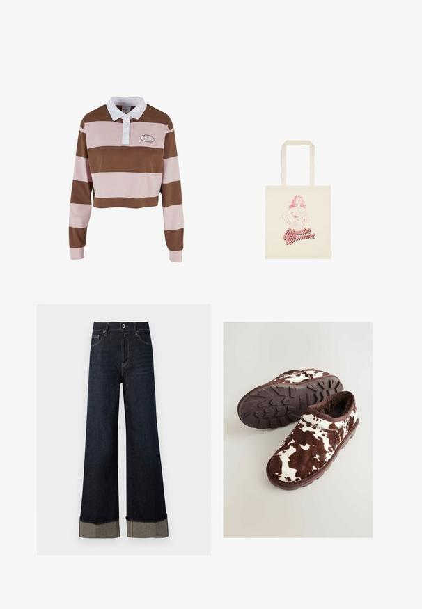 Brun og lyserød stribet langærmet polo shirt med hvid krave, har et logo patch og et cropped design. Blødt bomuldsmateriale.; Mørkeblå højtsiddende vide jeans med rå kant, der har lysebrune syninger og en foldet kant, som afslører kontrasterende stof.; Brune og hvide køerprint tøfler lavet af blød pels med en holdbar gummisål og et rundet design for komfort.; Kremfarvet tote-taske med en pink skitse af Wonder Woman, der står med hænderne på hofterne og teksten "Wonder Woman" nedenunder.