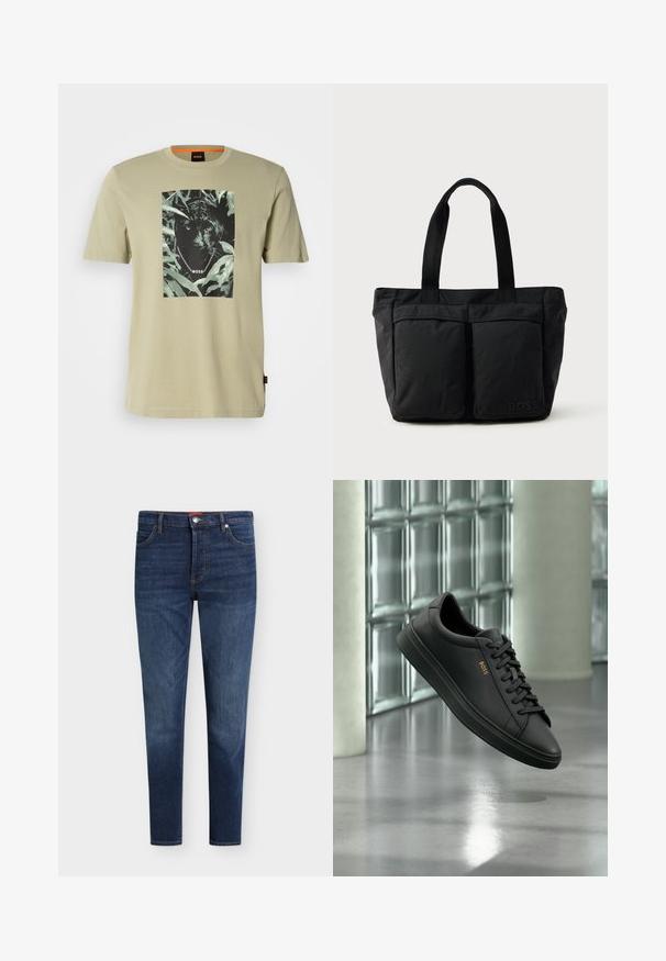 Camiseta verde oliva de algodón, con un gráfico de pantera negra rodeado de follaje. Logo de la marca presente en el diseño.; Vaqueros ajustados de color azul oscuro con bolsillos delanteros, trabillas para cinturón, cierre de botón y un sutil desgaste en los muslos y las rodillas.; Zapatilla baja de piel negra con cordones negros y logo dorado BOSS en el lateral, flotando sobre un suelo gris brillante en un espacio interior moderno.; Bolso tote negro con una construcción de tela suave, dos bolsillos frontales y asas resistentes. Logo mostrado en el lateral. Diseño simple y funcional.