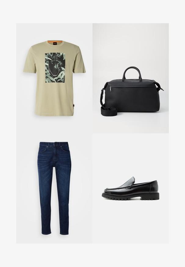 Camiseta verde oliva de algodón, con un gráfico de pantera negra rodeado de follaje. Logo de la marca presente en el diseño.; Jeans de mezclilla azul oscuro con un diseño de pierna recta, que cuentan con bolsillos y un cierre de botón en la cintura. Textura suave, detalles de desvanecimiento mínimos.; Mocasín de cuero negro con suela de goma gruesa, empeine cosido y nombre de la marca en relieve en el talón, mostrado en perfil lateral sobre fondo blanco.; Bolsa de viaje de cuero negro con dos asas superiores, una correa de hombro desmontable y un bolsillo frontal con cremallera para almacenamiento adicional.