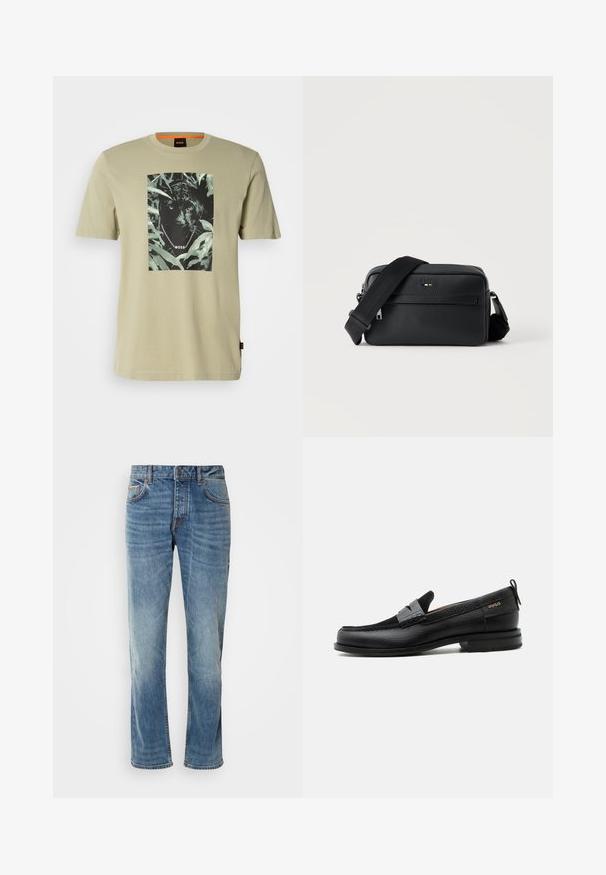Olivgrünes T-Shirt aus Baumwolle, mit einem grafischen Aufdruck eines schwarzen Panthers, umgeben von Pflanzen. Das Markenlogo ist im Design integriert.; Helle blaue Jeans aus Denim mit geraden Beinen, fünf Taschen, kontrastierenden Nähten und einem abgewetzten Finish. Verfügt über einen Knopf- und Reißverschluss.; Schwarzer Lederloafer mit grauem Riemendetail, niedrigem Absatz und strukturierter Sohle, seitlich mit „HUGO“ in Gold gebrandmarkt.; Schwarze, strukturierte Leder-Crossbody-Tasche mit vorderer Reißverschlusstasche und verstellbarem breitem Stoff-Schulterriemen auf weißem Hintergrund.