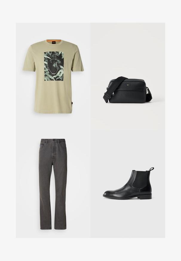 Olivenfarvet t-shirt lavet af bomuld, med en sort panter grafik omgivet af løv. Brandlogoet er vist i designet.; Grå denim jeans med lige ben-design, der har forlommer, knaplukning og subtil tekstur.; Sorte læder ankelstøvler med elastiske sidepaneler, rund tå og en trækloft. Glat tekstur, flad sål, minimalistisk design.; Sort tekstureret læder crossbody taske med front lynlåslomme og justerbar bred stofskulderrem på hvid baggrund.