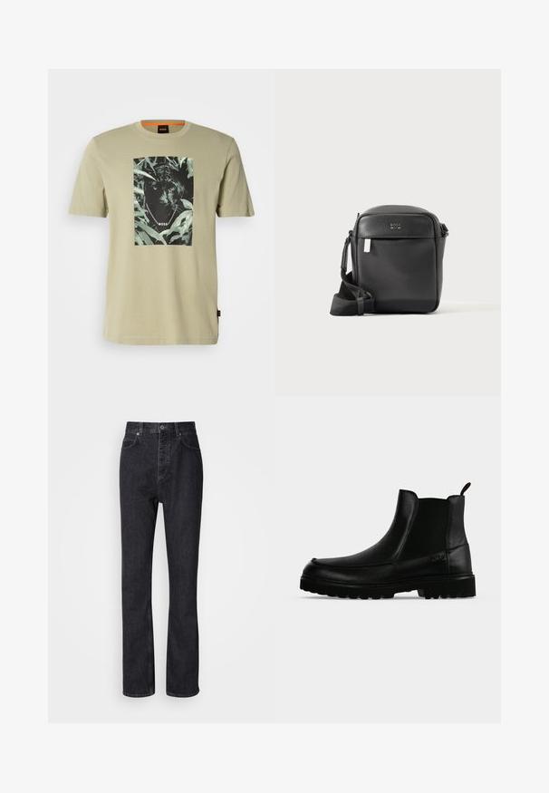 Camiseta verde oliva de algodón, con un gráfico de pantera negra rodeado de follaje. Logo de la marca presente en el diseño.; Jeans de mezclilla negros de cintura alta con cierre de botón y cremallera, bolsillos frontales y traseros, y corte recto.; Bota negra de cuero hasta el tobillo con suela texturizada, paneles laterales elásticos y pestaña de tirador sobre fondo gris claro.; Bolso bandolera de cuero negro texturizado con bolsillo frontal y correa ajustable, mostrado sobre un fondo claro y liso.