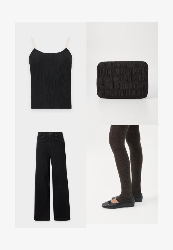 Top de camiseta sin mangas negro con textura acanalada y tirantes delgados, similares a cadenas. La tela tiene un acabado ligeramente texturizado, ofreciendo una silueta ajustada.; Vaqueros negros de tiro alto y pierna ancha con cierre frontal de botón y cremallera, trabillas para cinturón y bolsillos delanteros y traseros, mostrados sobre un fondo blanco.; Piernas con leggings oscuros acanalados combinados con bailarinas negras que presentan pequeños detalles de lazo sobre un fondo blanco.; Clutch negro con bolsa fabricada en tela fruncida. Presenta una superficie texturizada con cierre de cremallera, forma rectangular y acabado mate suave.