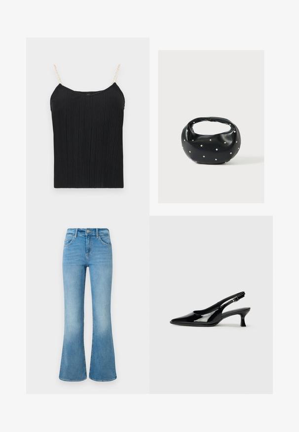 Top de camiseta sin mangas negro con textura acanalada y tirantes delgados, similares a cadenas. La tela tiene un acabado ligeramente texturizado, ofreciendo una silueta ajustada.; Jeans de campana en denim azul claro con bolsillos frontales, presillas para cinturón y cierre de botón sobre un fondo blanco.; Zapatos de charol negro tipo slingback con punta afilada y tacón bajo. Correa ajustable con hebilla en el tobillo.; Bolso de mano de cuero negro con forma redondeada, decorado con detalles de tachuelas plateadas y un asa corta. Textura lisa y cierre con cremallera.
