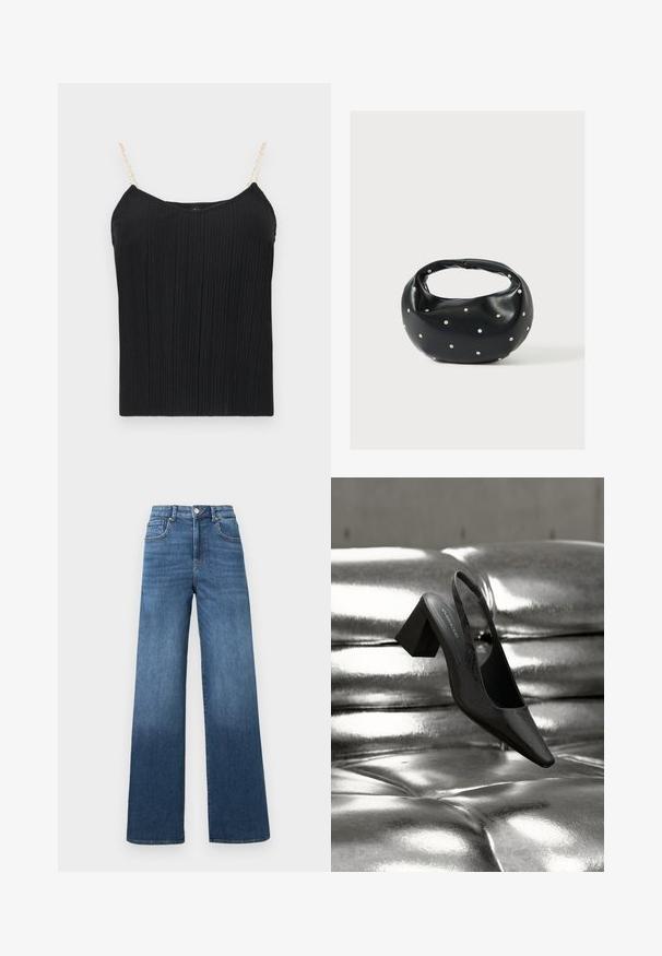Top de camiseta sin mangas negro con textura acanalada y tirantes delgados, similares a cadenas. La tela tiene un acabado ligeramente texturizado, ofreciendo una silueta ajustada.; Vaqueros de pierna ancha en azul medio con un efecto de aclarado gradual hacia el dobladillo, presentando un cierre estándar de botón y cremallera.; Tacón destalonado negro con punta en forma de pico, con superficie texturizada y tacón ancho y grueso. Colocado sobre un fondo metálico brillante.; Bolso de mano de cuero negro con forma redondeada, decorado con detalles de tachuelas plateadas y un asa corta. Textura lisa y cierre con cremallera.