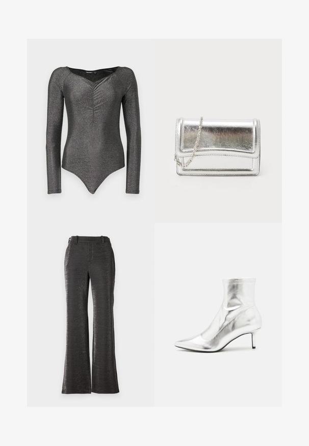 Bodysuit à manches longues en tissu noir scintillant avec un décolleté en V profond et un détail froncé à l'avant, présentant une silhouette ajustée et une fermeture à pression.; Pantalons noirs évasés en tissu texturé et brillant. Comprend une taille, des poches devants et une coupe droite jusqu'à l'ourlet.; Bottine métallique argentée avec un bout pointu et un talon fin. Présente un ajustement snug et une texture lisse et brillante. Accent de couture en haut.; Pochette métallique argentée avec une texture lisse, fermeture rabat et une bandoulière en chaîne. Présente un design rectangulaire structuré et des accents cousus.