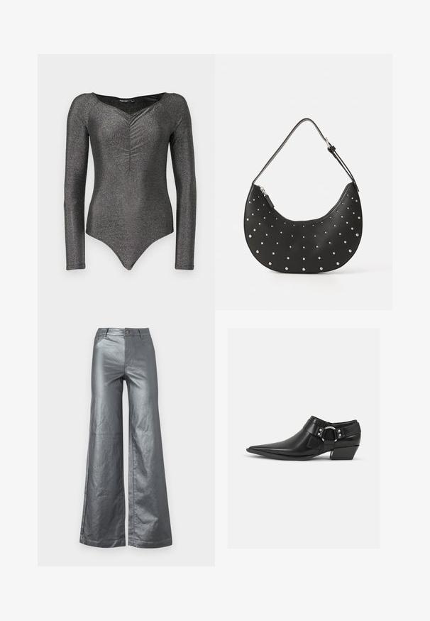 Bodysuit à manches longues en tissu noir scintillant avec un décolleté en V profond et un détail froncé à l'avant, présentant une silhouette ajustée et une fermeture à pression.; Pantalons à jambes larges en tissu métallique argenté brillant. Comprend des poches avant, une fermeture à bouton et des ourlets droits. Texture lisse et design épuré.; Bottines en cuir noir avec un bout pointu, présentant une sangle en cuir à l'avant et un détail de boucle en argent, ainsi qu'un petit talon carré.; Sac à main en cuir noir avec une forme arrondie, orné de clous en argent, doté d'une fermeture éclair et d'une seule sangle ajustable.