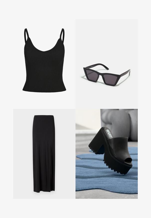 Top de tirantes finos de canalé negro, con escote en V, forma ajustada y tejido texturizado. Sin patrones adicionales ni acentos visibles.; falda maxi negra hecha de un material suave y elástico. Cuenta con una abertura lateral y un diseño simple y estilizado sin adornos.; Zueco negro de plataforma con puntera abierta y suela gruesa y dentada descansando sobre una alfombra azul texturizada en el interior, cerca de un sillón gris.; Gafas de sol negras y angulares con lentes grises; fabricadas en plástico, con varillas gruesas de superficie suave y sin herrajes visibles.