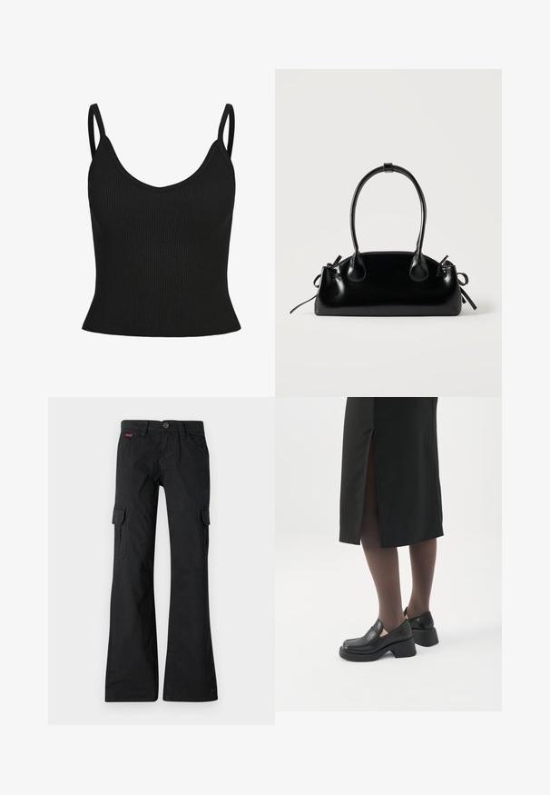 Top de tirantes finos de canalé negro, con escote en V, forma ajustada y tejido texturizado. Sin patrones adicionales ni acentos visibles.; Pantalones cargo negros con un diseño de pierna recta. Cuenta con dos bolsillos laterales, un cierre de botón y un pequeño logo bordado en la cinturilla.; Mujer con mocasines negros de tacón grueso, medias negras transparentes y una falda negra con una abertura trasera sobre un fondo blanco.; Pequeño bolso negro brillante con dos asas largas y detalles de cordón lateral sobre un fondo claro liso.