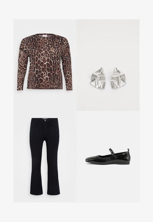 Pikendusega särk leopardimustriga, millel on pruunid, mustad ja beežid tooni. Pehme tekstuur ja mugav lõige.; ONLY Carmakoma Flared fit CARTHUNDER Mid waist - Alt laienevad teksad - black denim; Mustmust musta nahk king, millel on terav nina, pahkluu rihm koos pandlaga ja sile, läikiv tekstuur. Madal konts mugavuse tagamiseks.; Hõbedased metallkõrvarõngad lainelise, skulpturaalse disainiga, millel on poleeritud viimistlus ja ebaregulaarsed kujundid, rõhutades kaasaegset esteetikat.