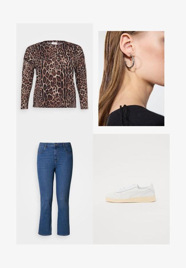 Langærmet skjorte med leopardprint i nuancer af brun, sort og beige. Blød tekstur med en afslappet pasform.; Blå denimjeans med lige snit, fem-lomme-design, messingbeslag og orange syningsdetalje. Glat tekstur.; Sneakers med hvid syntetisk overdel, perforeret design, flade snørebånd og cremefarvet gummisål. Har et logo på hælen og siden.; Sølv hoop ørestik med en poleret overflade, prydet med små guld accenter og en rund form, båret på øreflippen.