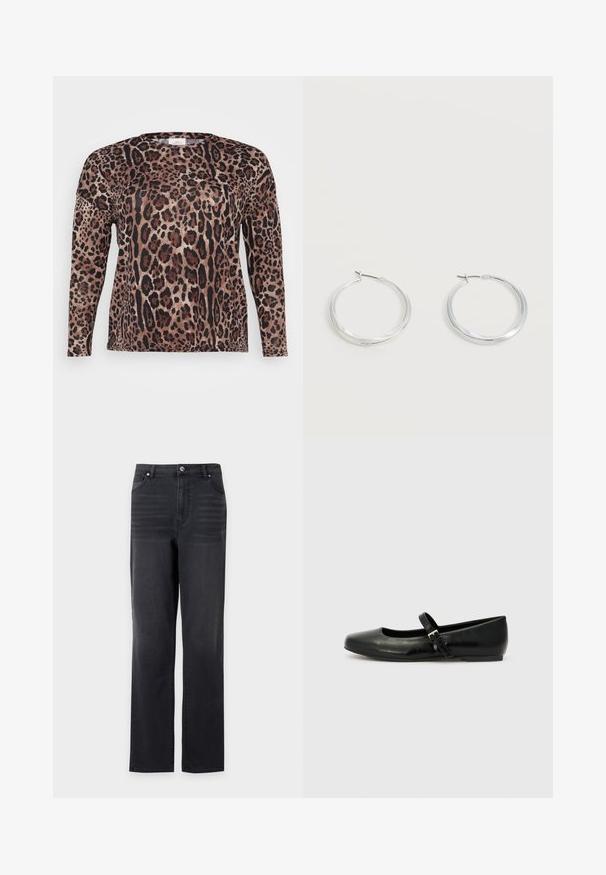 Langærmet skjorte med leopardprint i nuancer af brun, sort og beige. Blød tekstur med en afslappet pasform.; Sorte jeans med lige ben, frontlommer og bæltestropper, vist mod en hvid baggrund.; Sorte læder balletflade med rund tå, flad sål og en tynd justerbar rem over svangen med en metalspænde.; Sølvfarvede metaloorringe med glat, let buet overflade og låsemekanisme på en ensfarvet hvid baggrund.