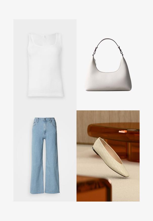 Hvid ribbet tanktop med rektangulær udskæring og brede skulderstropper. Stofmaterialet har en tekstureret, strækbar overflade.; Lyseblå vidde jeans lavet af denim, med en tætsiddende talje, fem-lomme design og subtile syningsdetaljer.; Beige flad sko med geometriske perforeringer svævende over et lyst tæppe i et rum med ravfarvet møbler.; Cremefarvet skuldertaske i læder fra Calvin Klein med buet topkant, sølvfarvet lynlås og mørkebrun justerbar rem.
