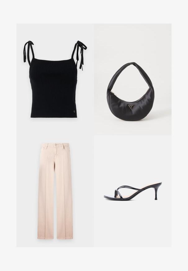 Sort ribbet crop top med justerbare snore. Glat overflade, tætsiddende design og subtil logo-detalje nederst til højre.; Beige bredde ben jeans i en glat bomuldsblanding, fem-lomme design, bæltestropper og en knaplukning. Minimalistisk stil og lys farve.; Sort laklædersandal med hæl, tynde krydsede remme og en slank mellemhøj stilethæl på en hvid baggrund.; Sort satin håndtaske med en buet form, der har en lynlåslukning og et trekantet logo i metal på forsiden. Glat tekstur og slankt design.