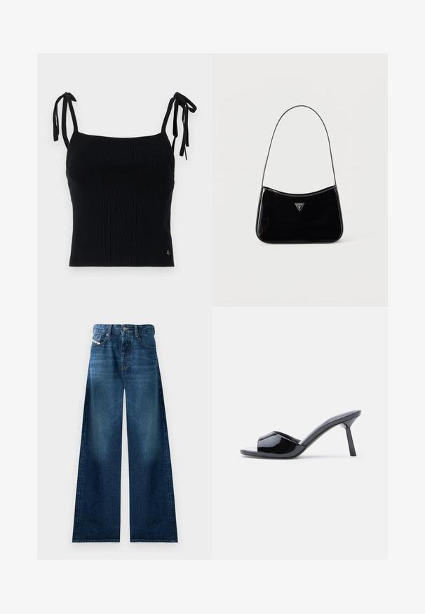 Sort ribbet crop top med justerbare snore. Glat overflade, tætsiddende design og subtil logo-detalje nederst til højre.; Bredde denimjeans i mørk vask. Har traditionelt fem-lomme design, knappelukning og let falmning på lårerne.; Sorte laklæder sandaletter med åben tå, der har et buet overdesign og en spids stilethæl. Glat, blank finish.; Sort skuldertaske i laklæder med tynd rem, trekantet Guess-logo foran og lynlåslukning i toppen.