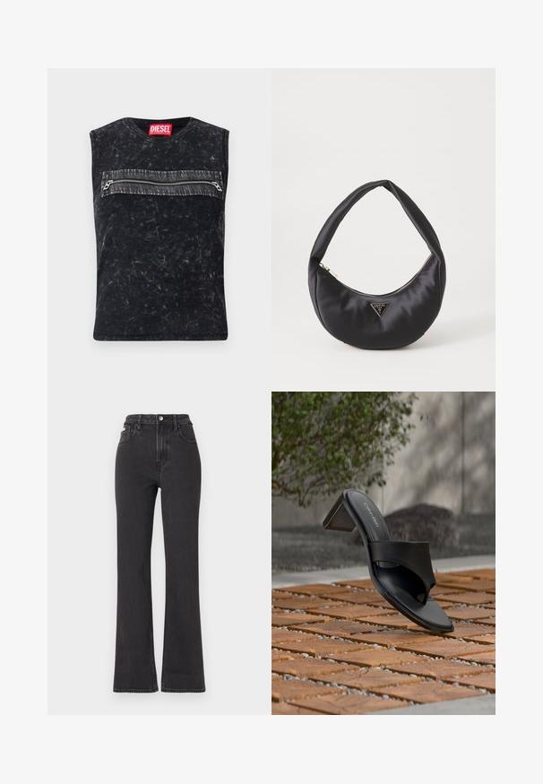 Schwarzes ärmelloses Oberteil mit Rundhalsausschnitt, ausgestattet mit einer vorderen Reißverschlusstasche mit grauem Besatz, aus strukturiertem Stoff mit einem used-Look.; Schwarze, hochgeschnittene Schlagjeans aus Denim mit Knopfverschluss, Gürtelschlaufen und seitlichen Taschen. Glatte Textur mit minimaler Ausbleichung.; Schwarze Calvin Klein Sandale mit Absatz und Zehenschlaufe auf einem Holzkachelfußboden im Freien neben einem Baum und einer Steinmauer.; Schwarze Satin-Handtasche mit geschwungener Form, ausgestattet mit einem Reißverschluss und einem dreieckigen Metallsymbol auf der Vorderseite. Glatte Textur und elegantes Design.