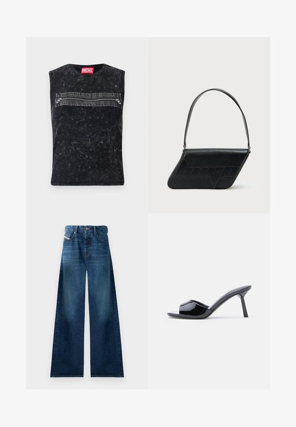 Top negro sin mangas con cuello redondo, que presenta un bolsillo con cremallera en la parte delantera con ribete gris, fabricado con un tejido texturizado con un acabado desgastado.; Jeans de mezclilla de pierna ancha en lavado oscuro. Presentan un diseño tradicional de cinco bolsillos, cierre de botón y un ligero desgaste en los muslos.; Sandalias de tacón con punta abierta de charol negro, con un diseño superior curvado y tacón de aguja cónico. Acabado liso y brillante.; Bolso de hombro de cuero negro con forma triangular, logo en relieve y una sola correa ajustable. Diseño minimalista con textura suave.