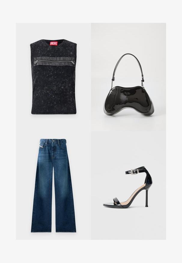 Top negro sin mangas con cuello redondo, que presenta un bolsillo con cremallera en la parte delantera con ribete gris, fabricado con un tejido texturizado con un acabado desgastado.; Jeans de mezclilla de pierna ancha en lavado oscuro. Presentan un diseño tradicional de cinco bolsillos, cierre de botón y un ligero desgaste en los muslos.; Sandalia de tacón alto en piel sintética negra con correa en el tobillo. Presenta un diseño minimalista, punta abierta y una hebilla con detalles de pedrería.; Bolso de mano de piel sintética negra con un diseño curvado único, asas cortas y ajustables, y abertura con cremallera en la parte superior. Textura suave con una sutil marca.