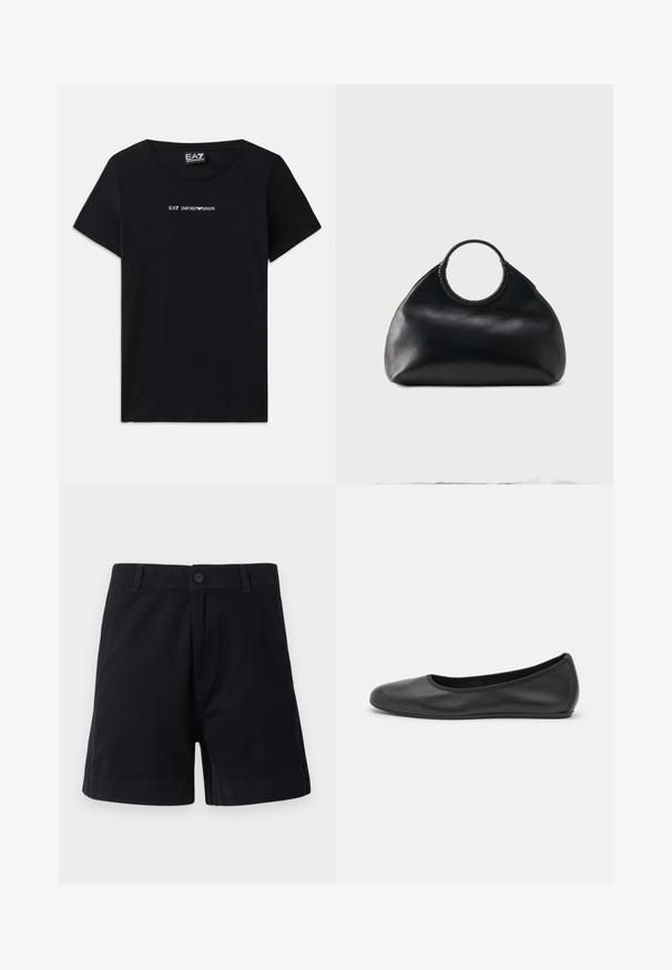 Sort kortærmet T-shirt lavet af bomuld, med "EA7 Emporio Armani" logoet i hvid tekst på tværs af brystet, rund halsudskæring.; Mørkeblå bomuldsshorts med knaplukning, sidelommer og lige snit, med en glat tekstur og enkelt design.; Sort læderballetsko med rund tå, glat tekstur, minimal syning og et fleksibelt såldesign.; Sort læderhåndtaske med rundet form og cirkulært top-håndtag indpakket i matchende lædersyning.