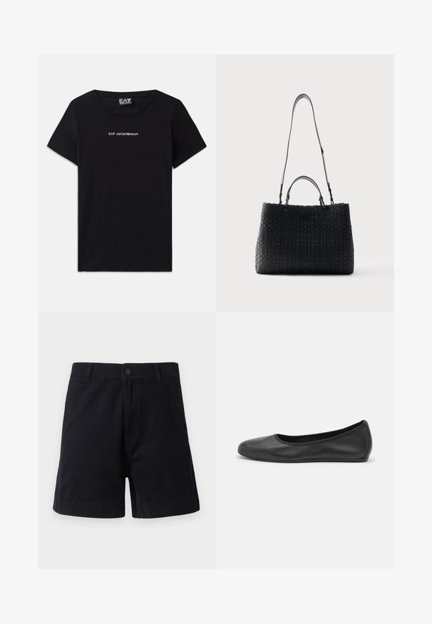 Čierne tričko s krátkym rukávom vyrobené z bavlny, s bielym logom "EA7 Emporio Armani" na hrudi a okrúhlym výstrihom.; Tmavomodré bavlnené šortky s gombíkovým zapínaním, bočnými vreckami a priamej strihom, s hladkou textúrou a jednoduchým dizajnom.; Čierne kožené baleríny s okrúhlou špičkou, hladkým povrchom, minimálnym prešívaním a flexibilným dizajnom podrážky.; Čierna taška z tkaného kože s dvoma krátkymi rúčkami a jedným dlhým nastaviteľným ramenným popruhom, zobrazená na jednoduchom svetlom pozadí.