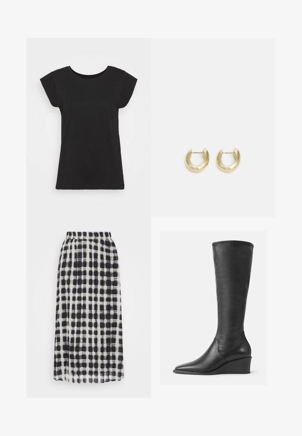 Camiseta de algodón negra con manga corta tipo cap sleeve, escote redondo y un corte relajado. Textura suave sin patrones ni adornos visibles.; Kaffe LABBI PLEATED SKIRT - Falda plisada - black/broken white; Botas de cuero negras hasta la rodilla con una textura suave, puntera afilada y tacón de cuña; presentan un borde cosido en la parte superior.; Pendientes de aro en tono dorado con un acabado suave y pulido. Presentan una forma de medio círculo y un cierre de poste seguro.