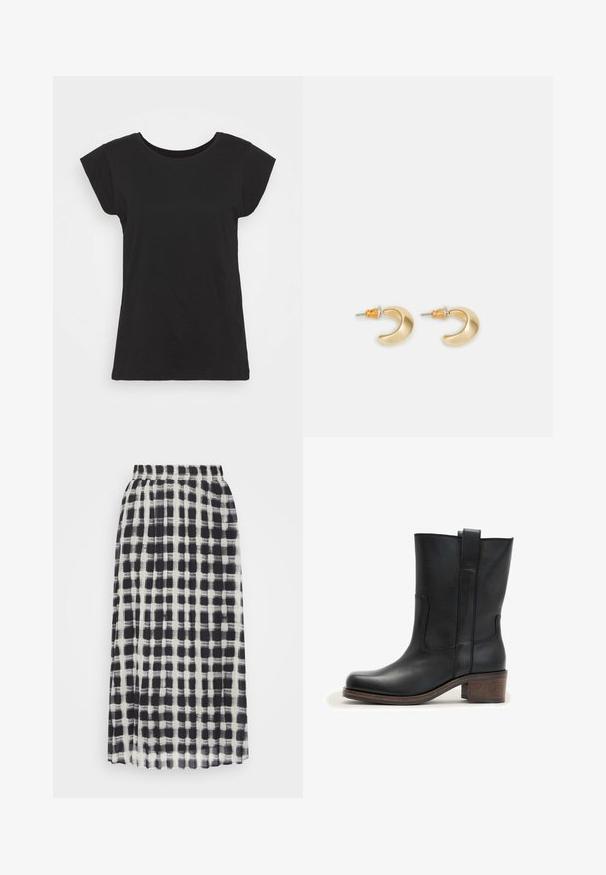 Camiseta de algodón negra con manga corta tipo cap sleeve, escote redondo y un corte relajado. Textura suave sin patrones ni adornos visibles.; Kaffe LABBI PLEATED SKIRT - Falda plisada - black/broken white; Bota negra de cuero hasta la mitad de la pantorrilla con punta redondeada, lengüeta para tirar y tacón de bloque apilado marrón sobre fondo blanco.; Pendientes en forma de media luna de oro con un acabado suave, que presentan acentos naranjas cerca del pasador y herrajes de plata.