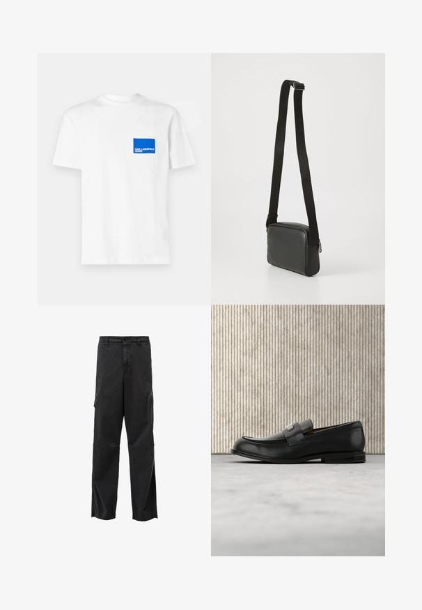 Camiseta de algodón blanca con un parche de logotipo rectangular azul en el lado izquierdo del pecho que lleva el texto "KARL LAGERFELD JEANS". Diseño de cuello redondo.; Pantalones cargo negros con corte recto, cierre de botón y bolsillos laterales. Tejido suave con un acabado mate y sin patrones visibles.; Mocasín de cuero negro con una placa metálica de marca apoyado cerca de una mesa redonda marrón sobre un suelo alfombrado beige.; Bolso bandolera de cuero negro con textura suave, forma rectangular, correa negra ajustable y detalle de cremallera plateada.