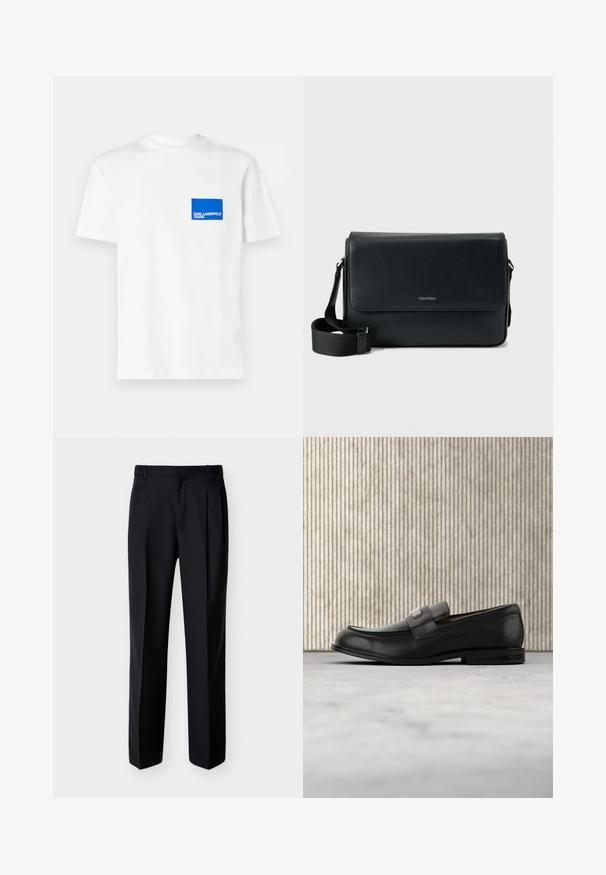 Biela bavlnená tričko s modrým obdĺžnikovým logom na ľavej hrudi s textom "KARL LAGERFELD JEANS". Strih s okrúhlym výstrihom.; Čierne nohavice na mieru so zahnutým strihom, sklady vpredu a bočné vrecká. Vyrobené z hladkej, ľahkej látky s jednofarebným vzorom.; Čierny kožený loafer s kovovou značkovou platničkou ležiaci pri hnedom okrúhlom stole na béžovej koberci.; Čierna kožená messenger taška s textúrovaným povrchom, nastaviteľným popruhom a predným klopou s jemným logom. Kompaktný a obdĺžnikový tvar.