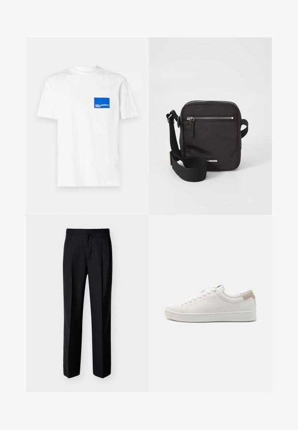 Camiseta de algodón blanca con un parche de logotipo rectangular azul en el lado izquierdo del pecho que lleva el texto "KARL LAGERFELD JEANS". Diseño de cuello redondo.; Pantalones negros hechos a medida con corte recto, pinzas delanteras y bolsillos laterales. Elaborados con una tela suave y ligera con un patrón sólido.; Zapatillas blancas con parte superior de cuero suave, punta redonda, seis ojales y un acento en beige en el talón. Presentan una suela de goma blanca y un branding sutil.; Bolso crossbody negro hecho de nylon duradero. Cuenta con un bolsillo frontal con cremallera, correa ajustable y un acento de metal plateado. Forma cuadrada.