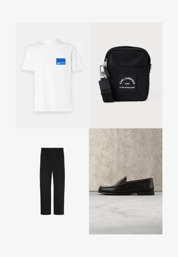 Witte katoen t-shirt met een blauw rechthoekig logo op de linkerborst met de tekst "KARL LAGERFELD JEANS". Met rond de hals ontwerp.; Zwarte cargo broek met rechte pijpen, elastische tailleband, knoopsluiting en twee klepzakken aan de zijkanten.; Zwarte leren penny loafer met lage hak, afgeronde neus en gestikte details langs de voorkant en zijkanten, afgebeeld op een neutrale achtergrond.; Zwarte nylon schoudertas met een rechthoekige vorm, voorzien van een voorste logo-label, zilverkleurige hardware en een verstelbare schouderband.