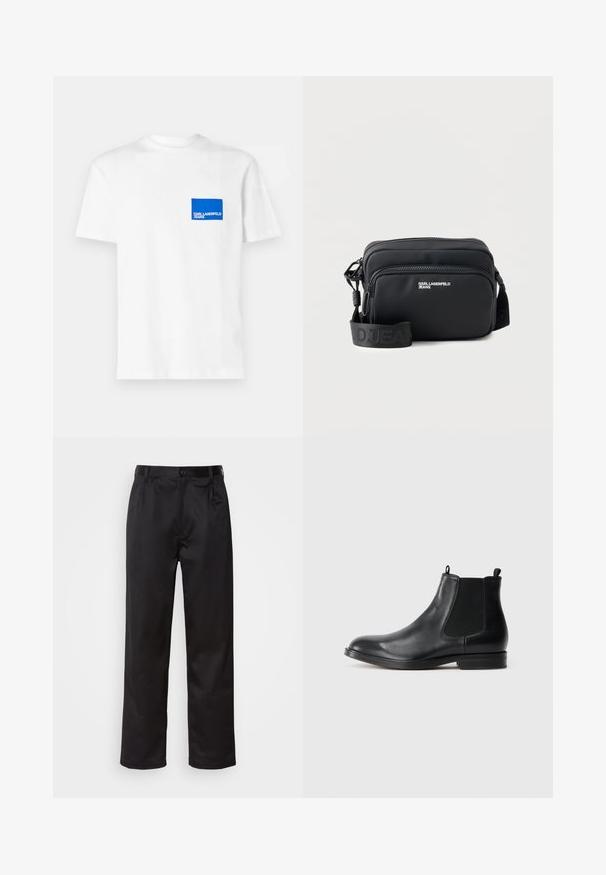 Valge puuvillane T-särk, mille vasakul rinnal on sinine ristkülikukujuline logo ja tekst "KARL LAGERFELD JEANS". Ümar kaelus.; Mustadest siledast kangast pükstest, millel on ees nupu sulgemine, voldid ja sirged sääred. Ei mingeid nähtavaid mustreid ega aktsente.; Mustan nahkaga Chelsea saabas elastsete külgpanelidega, ümmargune varvas, tõmbeaas ja madal plokk konts. Sile tekstuur ja minimalistlik disain.; Must ristkülikukujuline üleõlakott kahe tõmblukuga taskuga, „KARL LAGERFELD JEANS“ logoga ja reguleeritava bränditud rihmaga valgel taustal.