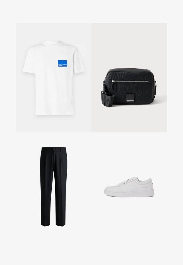 Camiseta de algodón blanca con un parche de logotipo rectangular azul en el lado izquierdo del pecho que lleva el texto "KARL LAGERFELD JEANS". Diseño de cuello redondo.; Pantalones negros de tela suave, con un diseño de pierna recta, pliegues en la parte delantera y cierre de botón con trabillas para cinturón.; Zapatillas de cuero blanco con un diseño clásico de corte bajo, suela plana y un sutil logo de la marca en el talón. Cuenta con cinco ojales metálicos para los cordones.; Bolso bandolera rectangular negro con patrón en relieve, bolsillo delantero con cremallera, correa ajustable y pequeño parche con el logo de Karl Lagerfeld Jeans.