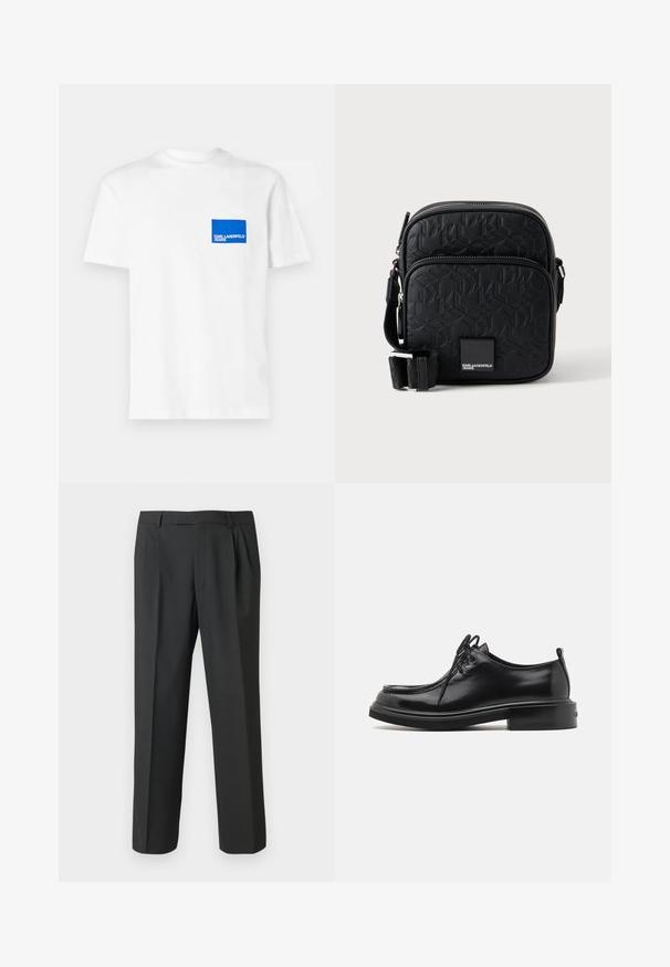 Camiseta de algodón blanca con un parche de logotipo rectangular azul en el lado izquierdo del pecho que lleva el texto "KARL LAGERFELD JEANS". Diseño de cuello redondo.; Pantalones negros de tejido liso, con un diseño de pierna recta, frente con pliegues y cintura estándar con trabillas para cinturón.; Calvin Klein LACE UP APRON BRUSH OFF - Zapatos de vestir - black; Bolso bandolera negro texturizado con patrón en relieve, bolsillo delantero con cremallera, correa ajustable y placa con el logo "Karl Lagerfeld Jeans".