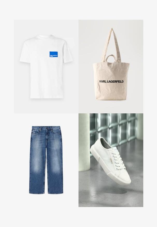 Camiseta de algodón blanca con un parche de logotipo rectangular azul en el lado izquierdo del pecho que lleva el texto "KARL LAGERFELD JEANS". Diseño de cuello redondo.; Vaqueros azules desvaídos de corte recto con cinco bolsillos y cierre de botones, mostrados planos sobre fondo blanco.; Zapatilla baja blanca de Calvin Klein con cordones, suela de goma y etiqueta con el logo flotando sobre un suelo pulido gris cerca de una pared de bloques de vidrio.; Bolso tote de lona beige con asas largas y cortas, con el texto "KARL LAGERFELD" impreso en letras negras gruesas en el frente.