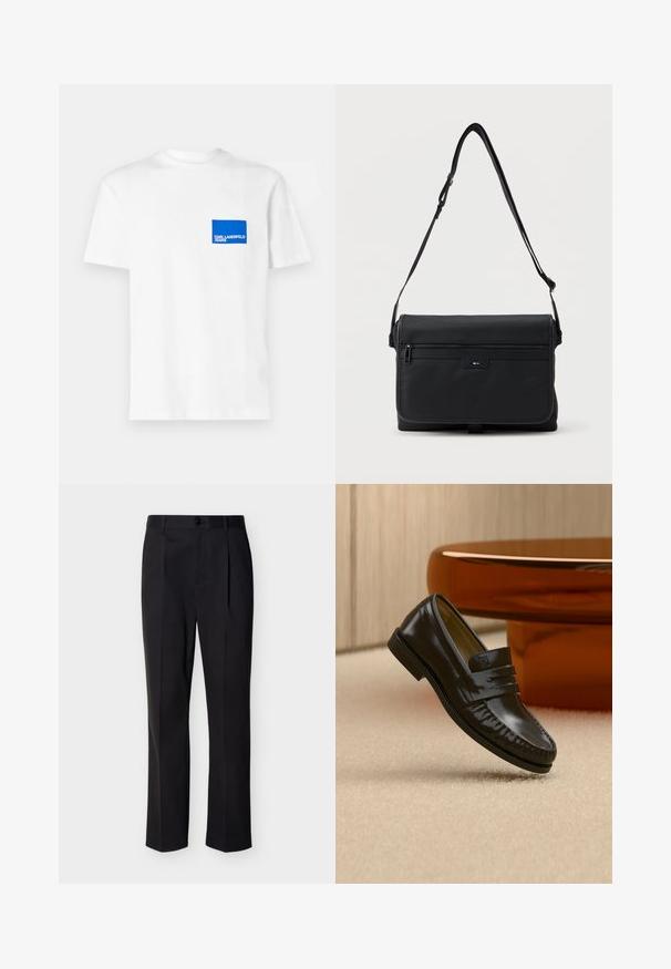 Biela bavlnená tričko s modrým obdĺžnikovým logom na ľavej hrudi s textom "KARL LAGERFELD JEANS". Strih s okrúhlym výstrihom.; Čierne nohavice s rovnými nohavicami, hladkou textúrou, prednými záhybmi, zapínaním na jeden gombík a pútkami na opasok.; Lesklá čierna kožená mokasína s pásikovým detailom, položená na béžovom koberci pri zaoblenom hnedom konferenčnom stolíku v jemne osvetlenej miestnosti.; Čierna obdĺžniková taška cez rameno s nastaviteľným popruhom, predným vreckom na zips a malým vyrazeným logom "BOSS" na klape.