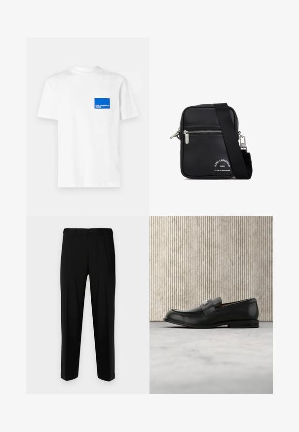 Hvid bomulds t-shirt med et blåt rektangulært logo patch på venstre bryst med teksten "KARL LAGERFELD JEANS". Rund hals design.; Sorte bukser lavet af glat stof, med lige snit, to forlommer og lynlås med knaplukning.; Sort læderloafer med metalbrandskilt hvilende nær et brunt rundt bord på beige tæppe.; Sort læder crossbody taske med sølvhardware, en lynlåslomme, en tekstureret overflade og fremtrædende hvid branding på forsiden.
