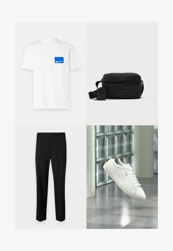 Biela bavlnená tričko s modrým obdĺžnikovým logom na ľavej hrudi s textom "KARL LAGERFELD JEANS". Strih s okrúhlym výstrihom.; Čierne elegantné nohavice s hladkým predným dielom, štandardným pásom a priamymi nohavicami. Vyrobené z hladkej tkaniny, s jedným gombíkom na zapínanie.; Biela kožená teniska s nízkym strihom, šnúrkami, čiernou pätovou záložkou a logom „BOSS“, ktorá visí vo vzduchu v interiéri pri stene zo sklenených blokov a leštenej podlahe.; Čierna crossbody taška vyrobená z hladkého nylonu, s obdĺžnikovým tvarom, ktorá obsahuje odnímateľnú malú taštičku a nastaviteľný popruh.