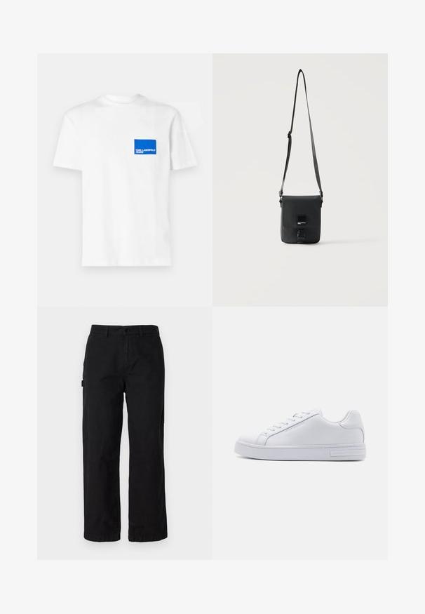 Camiseta de algodón blanca con un parche de logotipo rectangular azul en el lado izquierdo del pecho que lleva el texto "KARL LAGERFELD JEANS". Diseño de cuello redondo.; Pantalones cargo de algodón negros con un diseño de pierna recta, que cuentan con bolsillos laterales y un cierre frontal con botón. Tela duradera con una textura suave.; Zapatilla de cuero blanca con una textura suave, puntera redonda, cierre de cordones en la parte delantera y suela de goma plana. Presenta un logo en relieve en el talón.; Bolso bandolera de piel negra con correa ajustable, cierre de solapa y pequeña placa metálica con logo en la parte frontal.